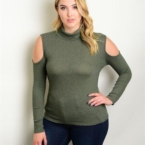 Olive Cold Shoulder Mock Turtleneck Ribbed Top